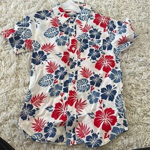 Red white and blue tropical button up shirt. Great for vacay of 4th of july!